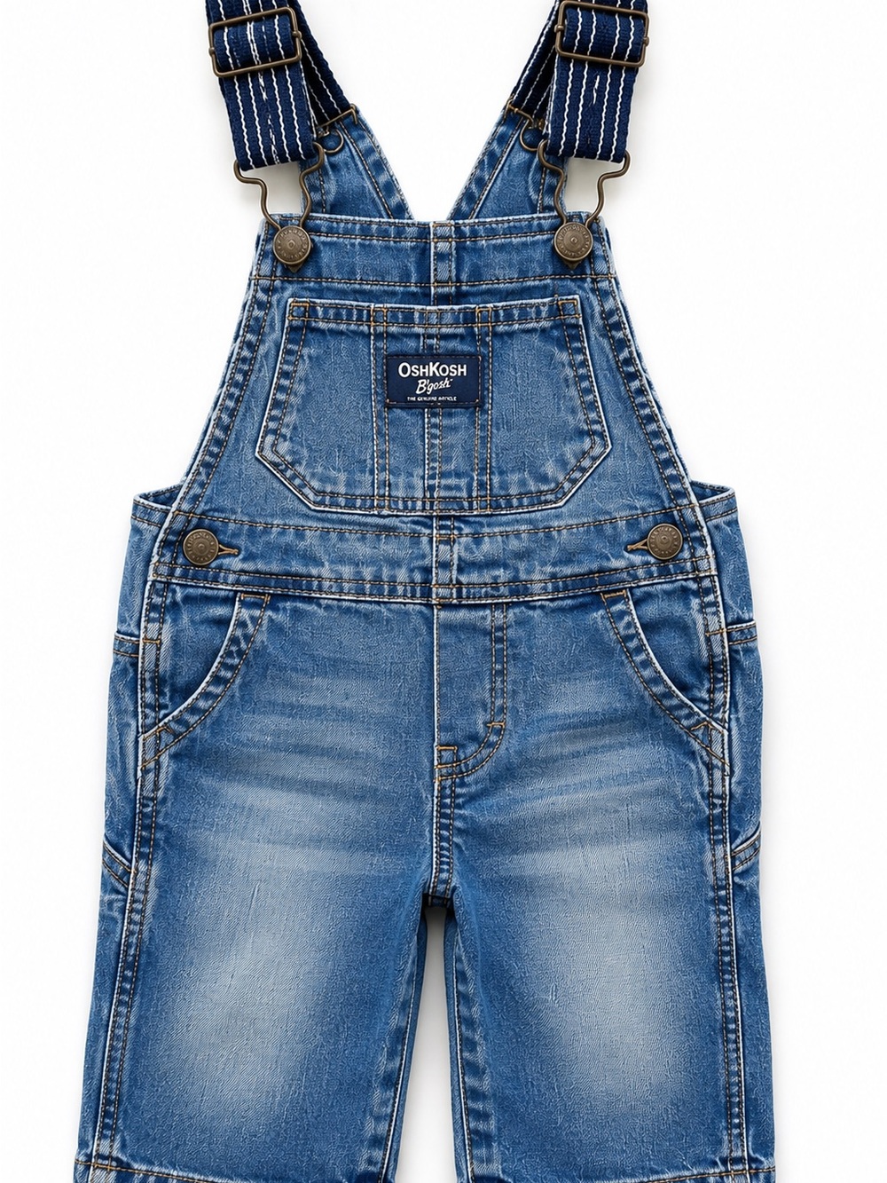 OshKosh B’gosh Toddler Denim Overalls Blue Striped Adjustable Straps Sz 12 Month